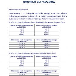 komunikat o podwyżkach cen biletów FRPA Gmina Łubianka